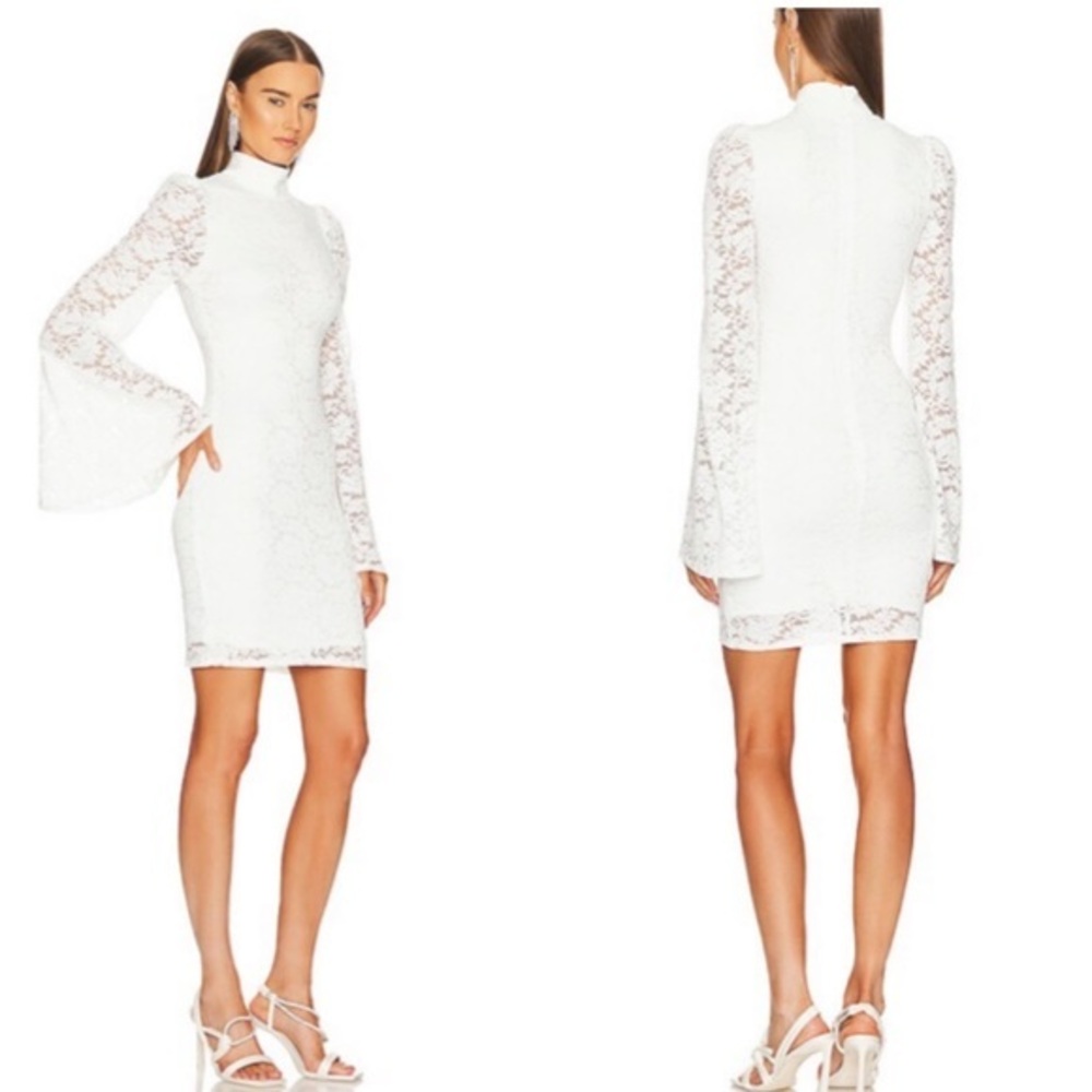 CAROLINE CONSTAS NWT XS Kennedy White Lace High Neck Bell Sleeve Mini Dress